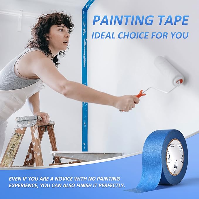 SEBETOW 10 Rolls Painters Tape 2 inch Bulk Painter Tape Blue Wide Roll, Blue Masking Tape, 2 Inches x 55 Yards for General Purpose Wall Painting, Home Improvement