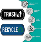 Recycle and Trash Stickers for Trash Cans - Vinyl Recycling Bin Labels - 2 Pack - 6.5" by 3" Blue & Black Decals Logo Set - Waste Signs for Home Kitchen or Office Bins Indoor/Outdoor Use