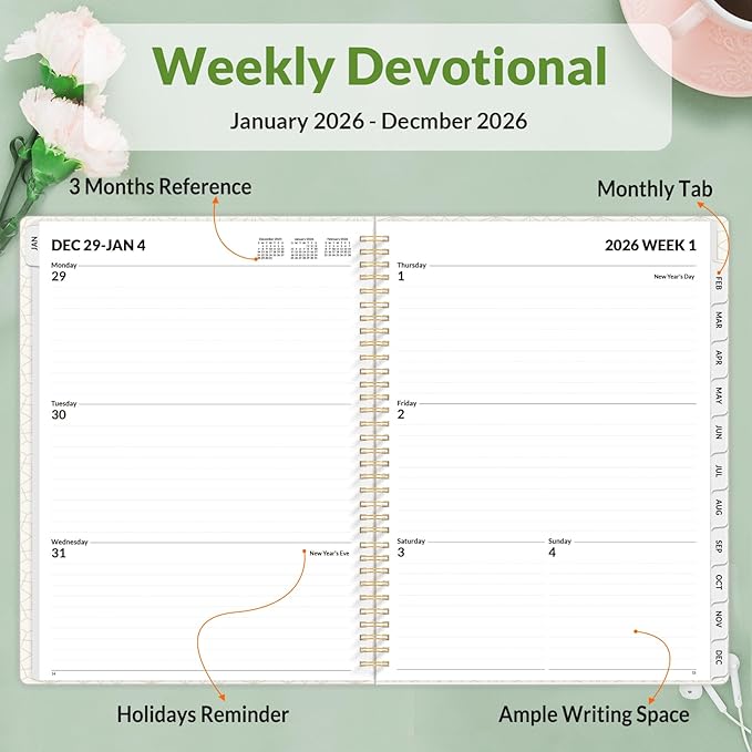 SUNEE 2026 Planner, Weekly and Monthly Calendar Planner, January 2026-December 2026, Daily Agenda with Tabs, Note Pages, Spiral Binding, 8.5"x11", Flora