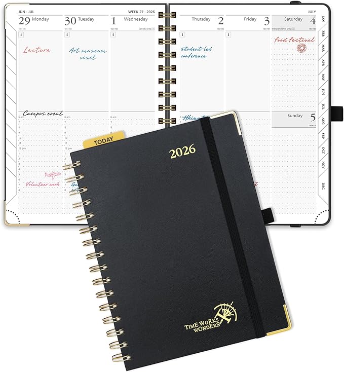 POPRUN 2026 Planner Daily Weekly and Monthly Calendar with Hourly Schedule(Medium Size 8.5'' x 6.25'' Wire-Bound Hard Cover) - Agenda 2026 (Jan.2026-Dec.2026), Monthly Tabs- Black