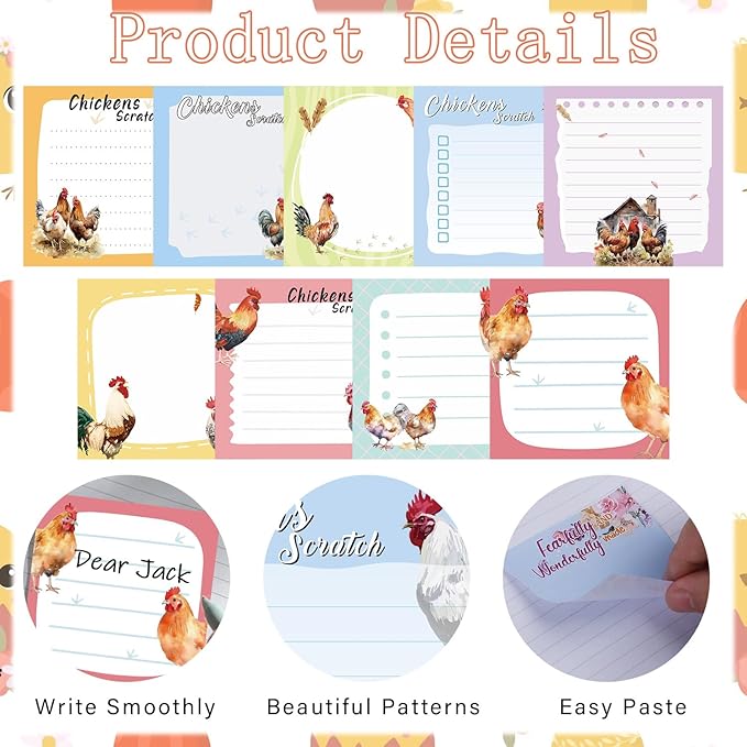 Lovarywow Chicken Sticky Notes Gifts - 9Pack Cute Sticky Notes 3x3 Roosters Chicken Gifts for Women Chicken Scratch Funny Post Notes Animals Self-Stick Notes Pads Office School Supplies 450 Sheets