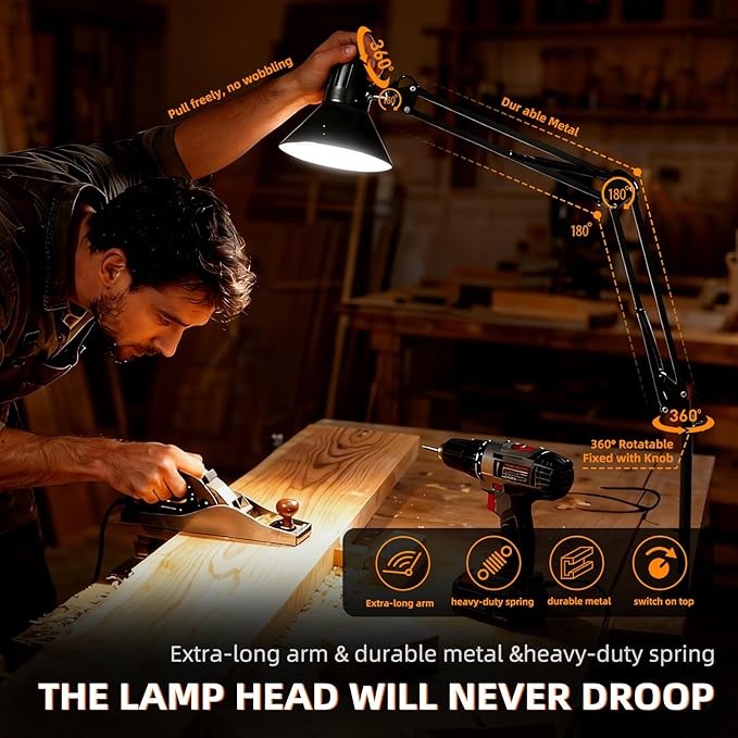 LED Desk Lamp With Clamp for Office Home, Eye-Caring Clip on Light with Adjustable Extra Tall Metal Swing Arm, High Intensity Clamp w/A19 E26 Bulb for Working Reading, 3000k Table Lamps Warm Light