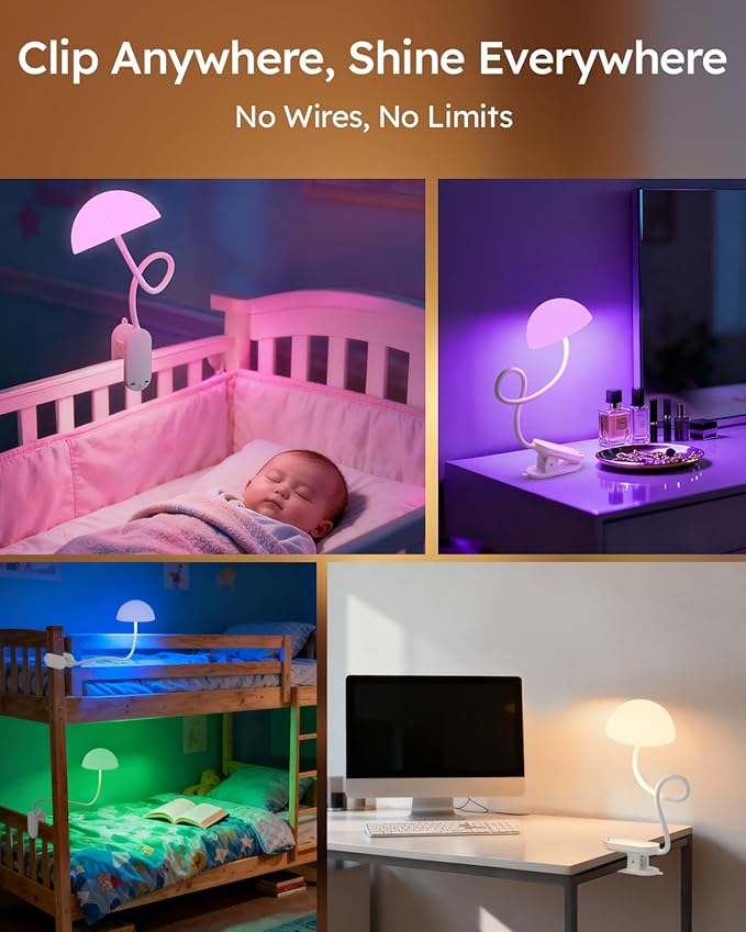 Rechargeable Clip On Lamp, Cordless Touch Control Desk Lamp with RGB Ambient Mode & 3000K–6000K Dimmable Book Reading Light, Portable Gooseneck Lamp Battery Operated Clamp On Table Bedside Headboard