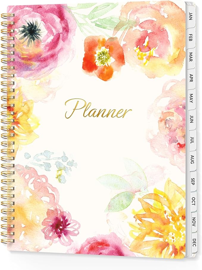 SUNEE 2026 Planner, Weekly and Monthly Calendar Planner, January 2026-December 2026, Daily Agenda with Tabs, Note Pages, Spiral Binding, 8.5"x11", Watercolor Flowers