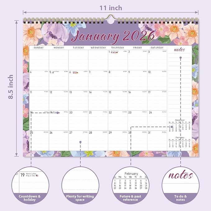 2026 Wall Calendar, Monthly Wall Calendars, Jan 2026 - Jun 2027, Desk Planner (8.5" x 11"), Hanging for Home, School, Office Supplies