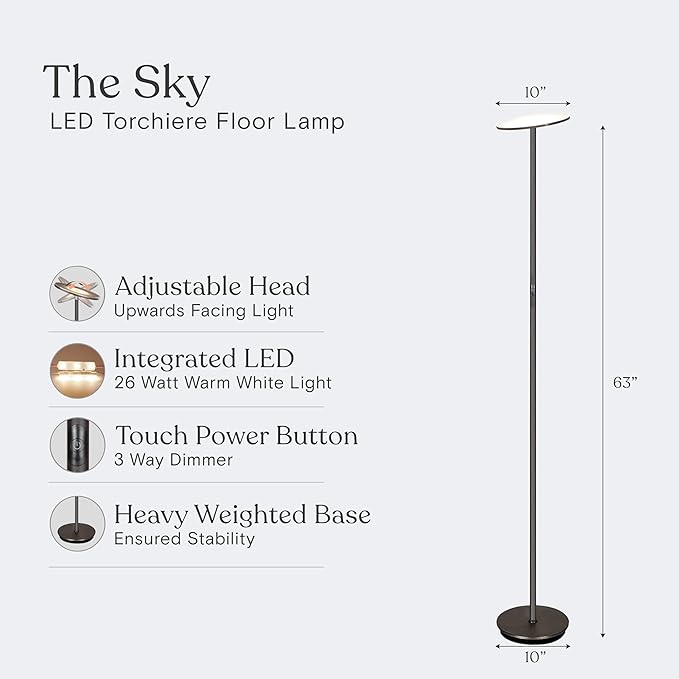Brightech Sky LED Floor lamp, Torchiere Super Bright Floor Lamp for Living Room Decor & Office - Dimmable, Tall Standing Lamp with Warm Light for Bedroom & Reading - Bronze