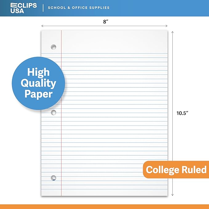 Loose Leaf Paper College Ruled Notebook Paper College Ruled Lined Writing Filler Paper 10.5” x 8” 1800 Sheets 150 Sheets Per Pack 60 gsm (12 Pack)