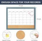 Whiteboard Calendar & Corkboard for Wall, 17x13 Inches Dry Erase Monthly Calendar with Wood Framed, Magnetic White Board Cork Board Combo, Bulletin Board for Home Office Kitchen Memo Planner