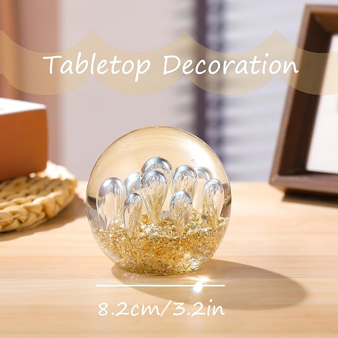 Arikyrist Glass Figurines Ball Ocean Waves Paperweight Glass Ball for Friends Ocean Lovers, Clear Bubble Ball with Sprouting Bubbles & Golden Light Decoration for Home, Office and Aquarium