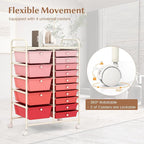 COSTWAY 15 Drawers Storage Cart, Multipurpose Rolling Utility Cart on Wheels w/Lockable Wheels & Removable Drawers, Mobile Tools Scrapbook Paper Organizer Cart for Office School Home, Mixed Pink