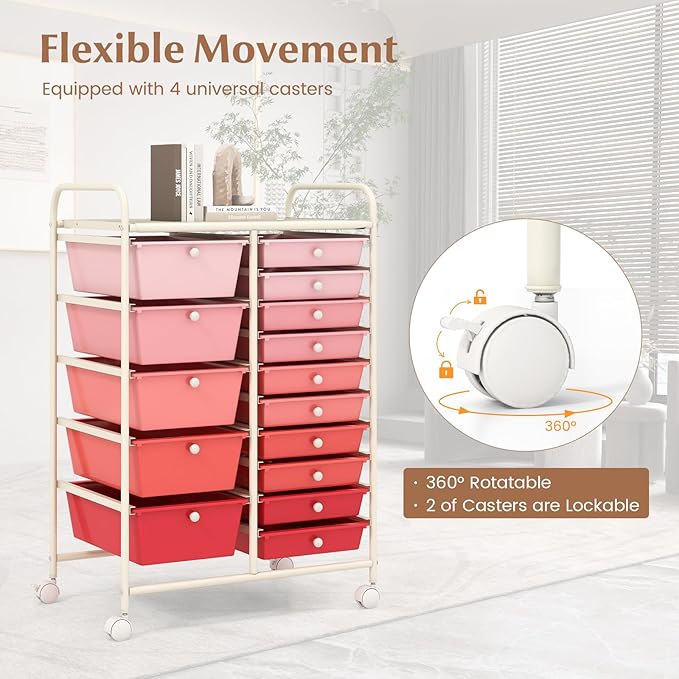 COSTWAY 15 Drawers Storage Cart, Multipurpose Rolling Utility Cart on Wheels w/Lockable Wheels & Removable Drawers, Mobile Tools Scrapbook Paper Organizer Cart for Office School Home, Mixed Pink