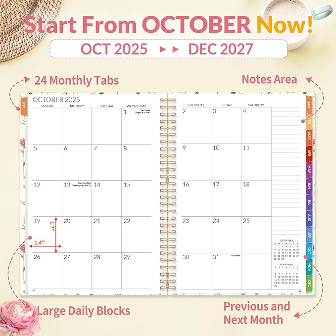 SUNEE 2026-2027 Planner - 24 Months (Jan 2026 - Dec 2027) - 7"x10" Monthly Spreads & Yearly Planner, Wildflowers