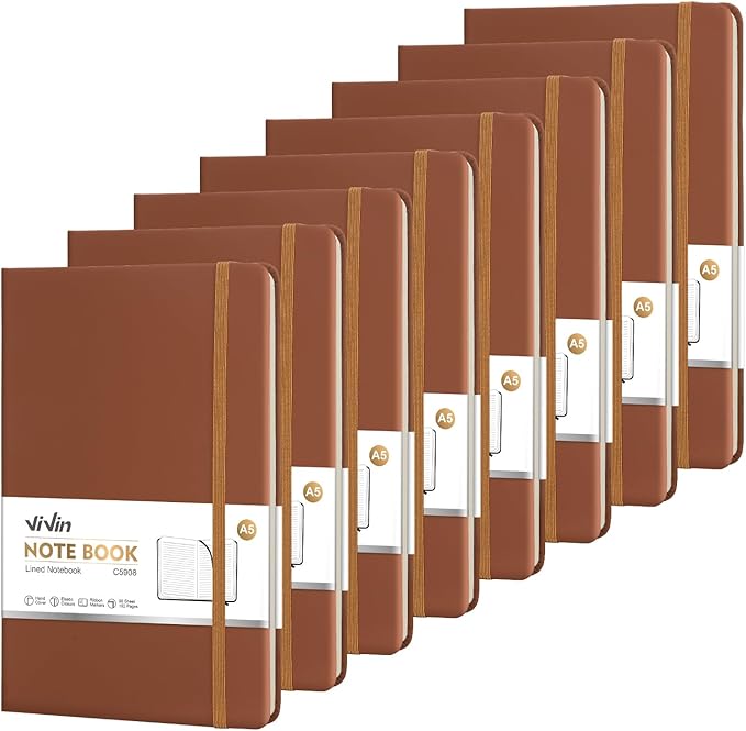 ViVin Lined Journal Notebooks for Work, 192 Pages, Medium 5.5 x 8.3 inch, College Ruled, A5 Hardcover Journaling Notebooks for Writing, 8 Pack Bulk,Brown