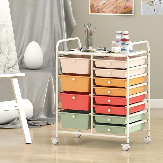 Giantex 12 Drawer Rolling Cart with Drawers, Storage Organizer Cart for Classroom Office School Teacher, Mobile Drawer Cart for Tools, Crafts, Small Printer, Macaron Multicolor
