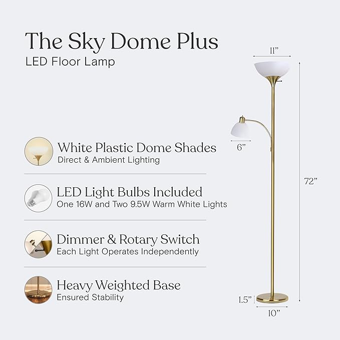 Brightech Sky Dome Plus LED Floor lamp, Torchiere Super Bright Floor Lamp with Reading Lamp for Living Rooms & Offices - Dimmable Tall Standing Lamp for Bedroom Reading - Gold Brass