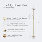 Brightech Sky Dome Plus LED Floor lamp, Torchiere Super Bright Floor Lamp with Reading Lamp for Living Rooms & Offices - Dimmable Tall Standing Lamp for Bedroom Reading - Gold Brass