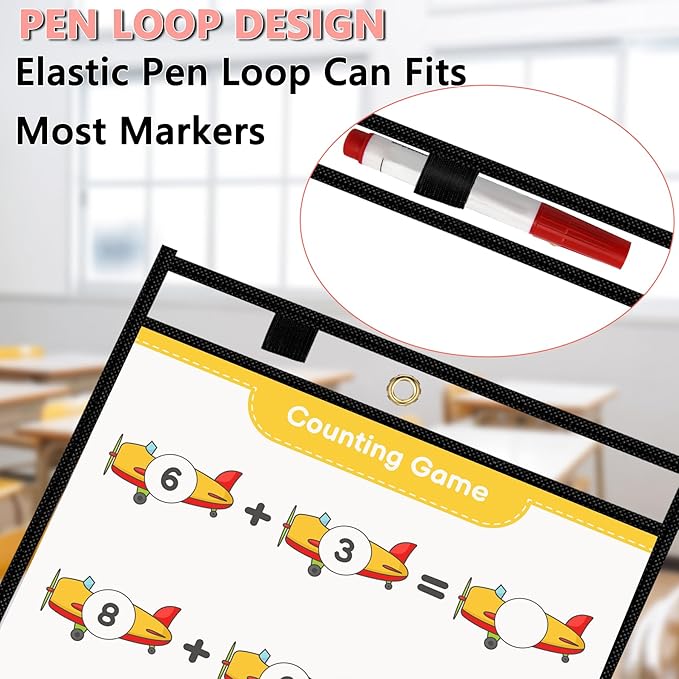 Antner 30 Packs Oversized Dry Erase Pockets Reusable Sleeves 10x13 Job Ticket Holders, Clear Plastic Dry Erase Pouches Heavy Duty Sheet Protectors for Teacher School Classroom Office Supplies, Black