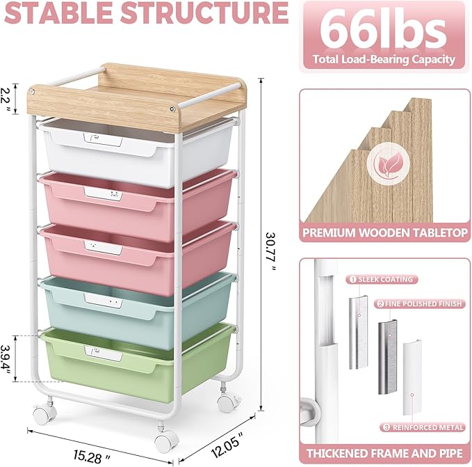 Rolling Storage Utility Cart With 5 Drawers,Craft Cart with Wheels,Makeup Organizer,Art Supply And Storage Wooden Tabletop,Rainbow