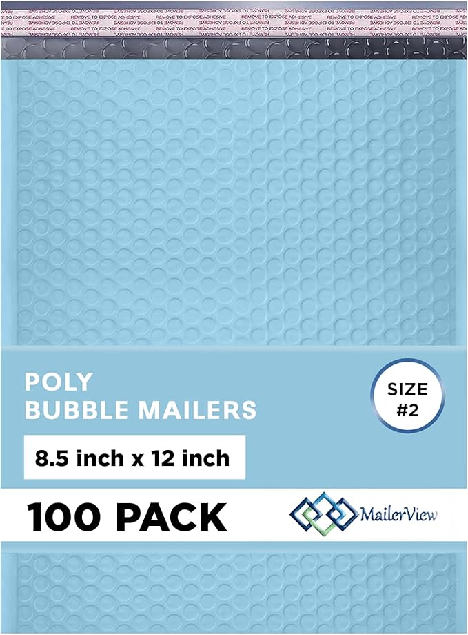 Light Blue Poly Bubble Mailers 8.5x12 inch #2 | Self Seal Padded Envelopes | Cushioned Bubble Mailer | Usable Size 8.5x11 | Water Proof | Lightweight mailing Shipping Bags | 100 Pack Bulk