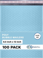 Light Blue Poly Bubble Mailers 8.5x12 inch #2 | Self Seal Padded Envelopes | Cushioned Bubble Mailer | Usable Size 8.5x11 | Water Proof | Lightweight mailing Shipping Bags | 100 Pack Bulk