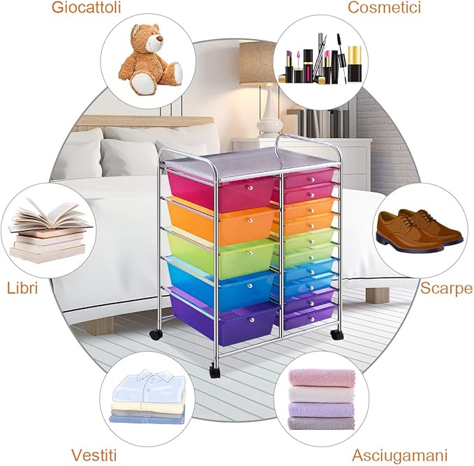 DORTALA 15-Drawer Rolling Storage Cart with Drawers, Rolling Utility Cart w/Removable Drawers & Universal Wheels, Tools Scrapbook Paper Organizer for School, Office, Home, Classroom (Rainbow)