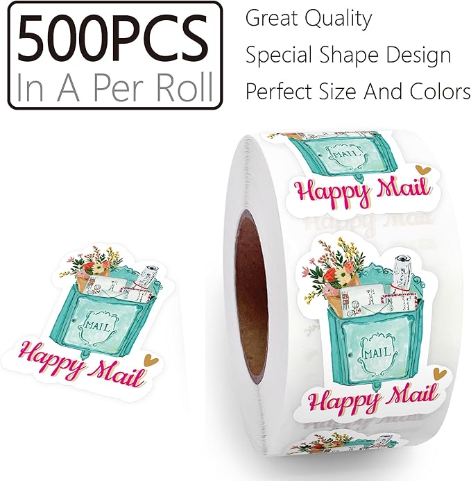 Happy Mail Stickers Labels (500pcs) Cute Thank You Boutique Packaging Mail Envelopes Small Business Roll