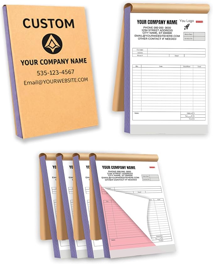 Custom Carbonless Invoice Book with Logo, Personalized Cover & Inner Pages, 2 Part NCR Receipt & Work Order Forms, Easy Tear, Writing Shield for Small Business (2-Part [White/Red], 7.48 x 5.12INCH)