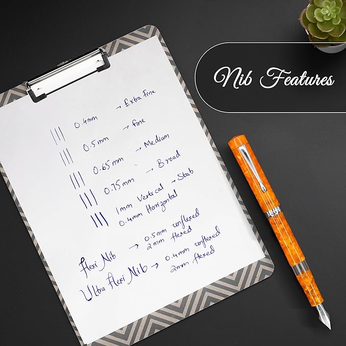Jaipur V2 Piston Filled Refillable Fountain Pen - Orange Ultra Flex Cursive Pen w/Stainless Steel Nib - Luxury Pens w/Acrylic Body & Ebonite Feed - Fountain Pens for Journaling & Calligraphy