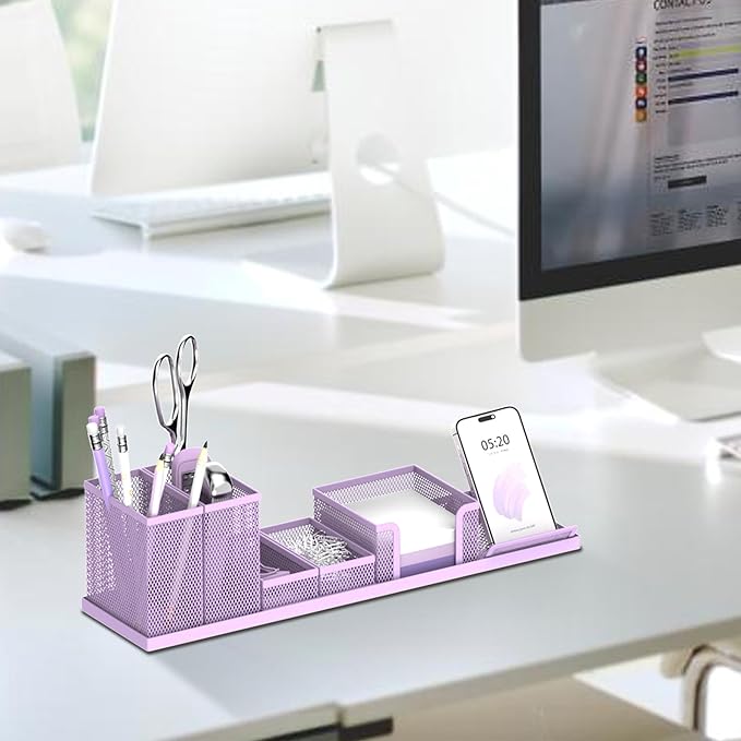 SUPEASY Pen Holder for Desk, 6 Piece Mesh Desk Organizer set for Office Organization with Mail Organizer, Letter Phone Holder, Sticky Notes Caddy Storage, Purple