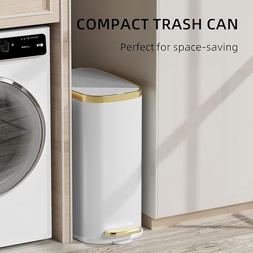 KUK Small Bathroom Trash Can with Lid Soft Close, Step Pedal, 2.6 Gal Stainless Steel Garbage Can with Removable Inner Bucket, Anti-Fingerprint Wastebasket for Office, Bedroom, Toilet (White)