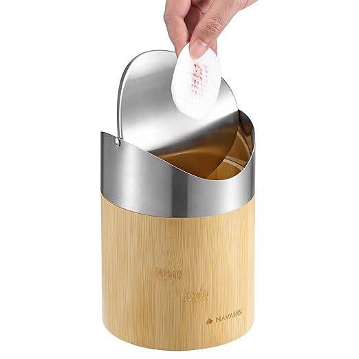 Navaris Bamboo Mini Trash Can - Small Bin with Stainless Steel Swing Lid for Easy Access - Desktop Bin Ideal for Office, Bathroom and Kitchen Counter - Compact and Easy to Clean