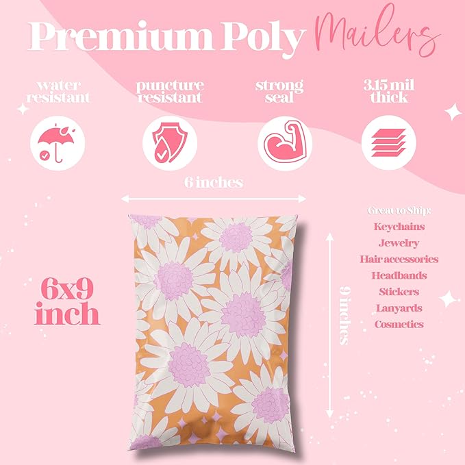 Pretty Package Store 6x9 Designer Poly Mailer 100 Pack Heavy Duty Waterproof Self Seal Shipping Bags for Small Business Large Mailing Envelopes Bulk Tear Resistant Cute Packaging Pink Blooms Flowers