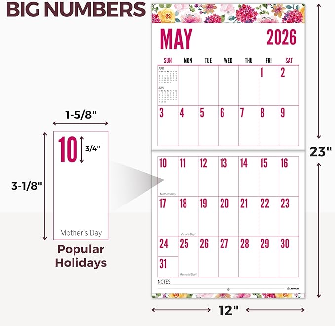 CRANBURY Large Print Wall Calendar 2026, 12x23" Open, 12 Months Floral Designs, Use Jan to Dec 2026, Big Numbers, Big Grid, Low Vision Calendar, Non-Glossy Paper for Easy Writing, Includes Planner Stickers