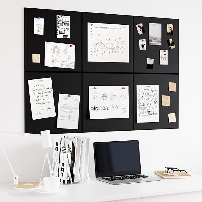 Neatsure Large Cork Board for Wall, Black Felt Bulletin Board with Pushpins, 36" x 24" 6 Panels Wall Tiles, Tack Push Pin Boards for Office