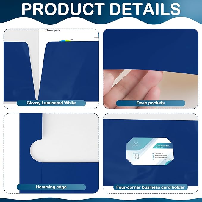 Yeaqee 125 Pack 2 Pockets Glossy Laminated Paper Folder First Day of School Presentation Folder Letter Size Two Pocket File Portfolio Holder Back to School Items Bulk for Teacher Office (Blue)