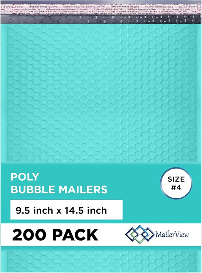 Teal Large Poly Bubble Mailers 9.5x14.5 inch #4 | Self Seal Padded Envelopes Cushioned Bubble Mailer | Usable Size 9.5x13.5 | WaterProof | Lightweight mailing Shipping Bags | 200 Pack Bulk