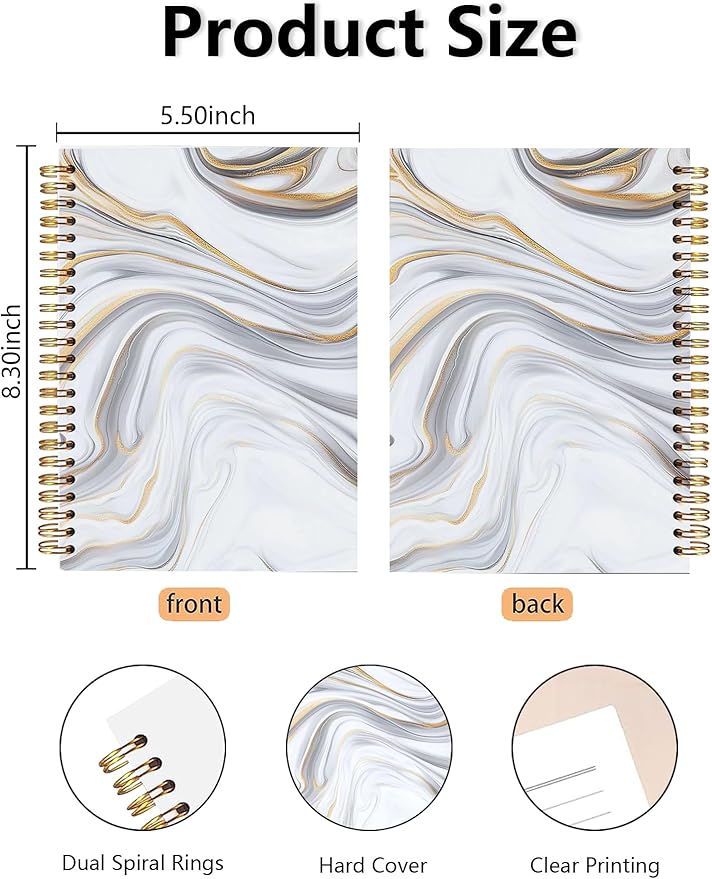 BitKan White & Gold Marble Spiral Notebooks - Minimalist White Gold Marble Design Hardcover Journals for Daily Notes/Planning/Note Taking, Stylish Sleek Gifts for Women/College Students/Worker