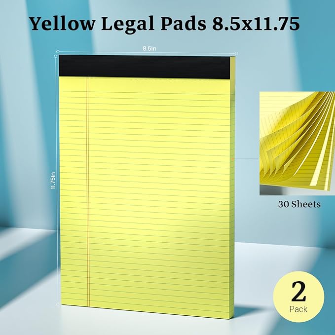 Roneky Legal Pads 8.5 x 11 Yellow Note Pads, 2 Pack College Ruled Notepads 8.5 x 11 Lined Paper, Yellow Notebook Paper Writing Pads 30 Sheets Per Legal Pads 8.5x11 for Home Office School Supplies