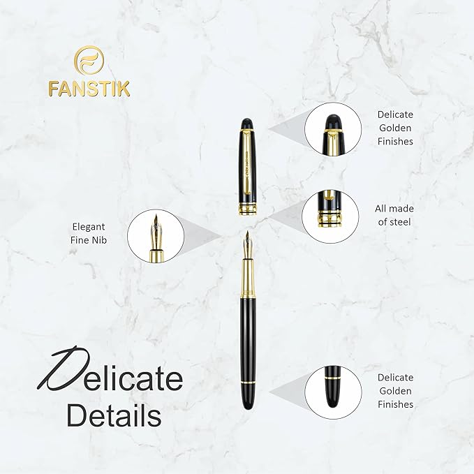 FANSTIK, Customized Fountain pen with name (MADE IN USA), stainless steel, black and gold, luxury engraved pen personalized for men and for women. (Fountain Black-Gold)