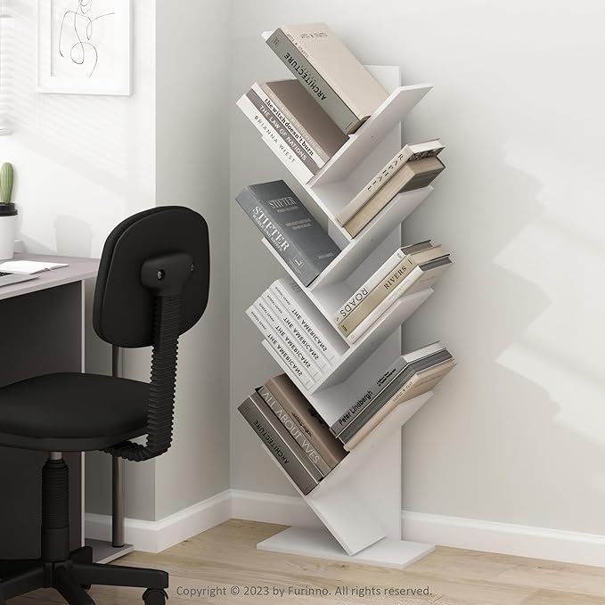 Furinno TREE Book Shelf, 9-Tier Bookshelf, Tree Bookcase with Angled Open Shelf, 8.4" x 15.7" x 50.9", for Room Decor, for Living Room, Bedroom, Home Office, White