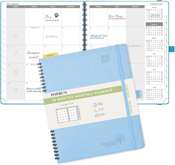 POPRUN Monthly Planner 2026-2027 (Large 8.5" x 10.5") 18 Months Calendar Book(Jan 2026 - Jun 2027) - 4 Pages per Month with Expense & Notes, Stair-like tabs, Leather Cover, Sunday Start - Blue