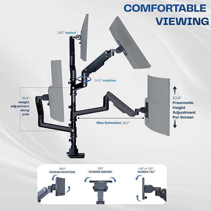 VIVO Pneumatic Arm Quad Ultrawide Monitor Extra Tall Desk Mount for Up to 49 inch Screens Individual Arm Capacity, Max 38 inch Screens for 4 Ultra Wides Up to 44 lbs, Black, STAND-V400D