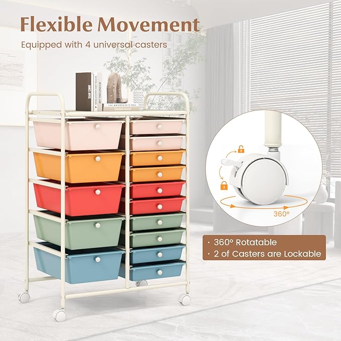 COSTWAY 15 Drawers Storage Cart, Multipurpose Rolling Utility Cart on Wheels w/Lockable Wheels & Removable Drawers, Mobile Tools Scrapbook Paper Organizer Cart for Office School Home, Macaron
