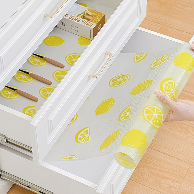 Lemon Print Shelf Liner for Kitchen Cabinets - Non-Adhesive Drawer Liner, Non-Slip Refrigerator Liner, Waterproof Fridge & Pantry Mat - Easy to Cut & Clean