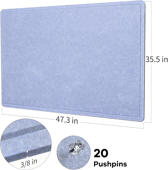 Large Bulletin Board - 48 x 36 Inches, Decorative Felt Pin Board for Wall - 4' x 3' Foldable Photo Display Board with Self-Adhesive Tape, Includes 20 Push Pins - Lavender Blue