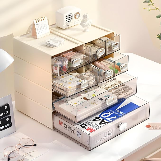 OSteed Spacious Desktop Storage Box, 1 Large Storage Drawer, Stackable Office Desk Drawer Organizer and Accessories, Printer Paper Organizer, Cream Plastic Drawers for Workspace & Home