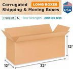 Long Shipping & Moving Boxes 32 x 12 x 12 inches (5-Pack) - Extra Strength 200 lb vs Regular - Corrugated Strong Packing Boxes - Cardboard Box Moving Stuff - Carton Box for Moving by IDL Packaging