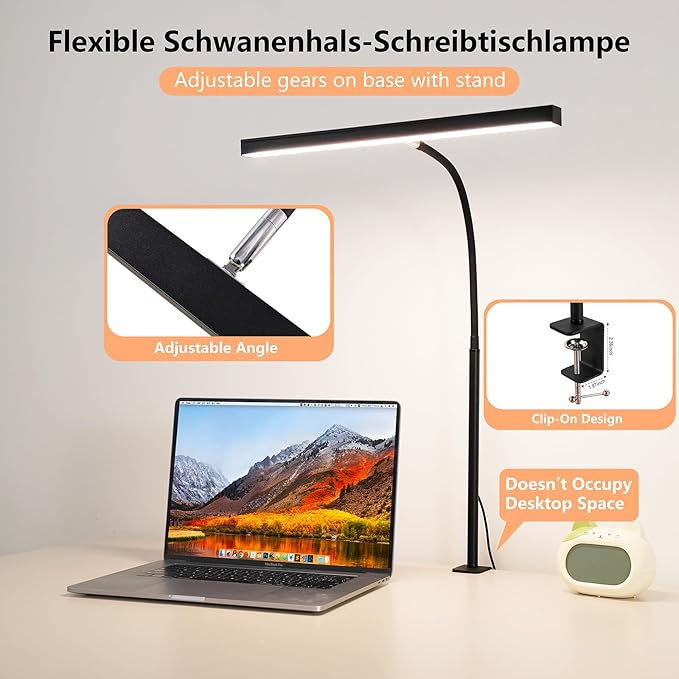 FAPEMIH LED Desk Lamp for Office Home, Adjustable Flexible Eye-Caring Desk Light with,5 Modes 10 Brightness Adjustment, USB Adapter Desk Lamp with Clamp-T-B
