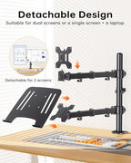 H&C(hcck&Cllassp) Monitor and Laptop Mount Stand for 13" to 32" Screens, Adjustable Monitor Arm Stand with Tray for 11-17” Laptop, Holds 18lbs/Arm, C-Clamp, 75x75/100x100 VESA