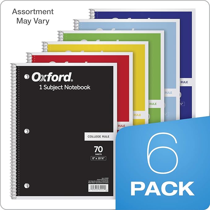 Oxford Spiral Notebook, 1 Subject, College Ruled Paper, 8 x 10-1/2 Inch, Color Assortment Design May Vary (65007) (Pack of 24)